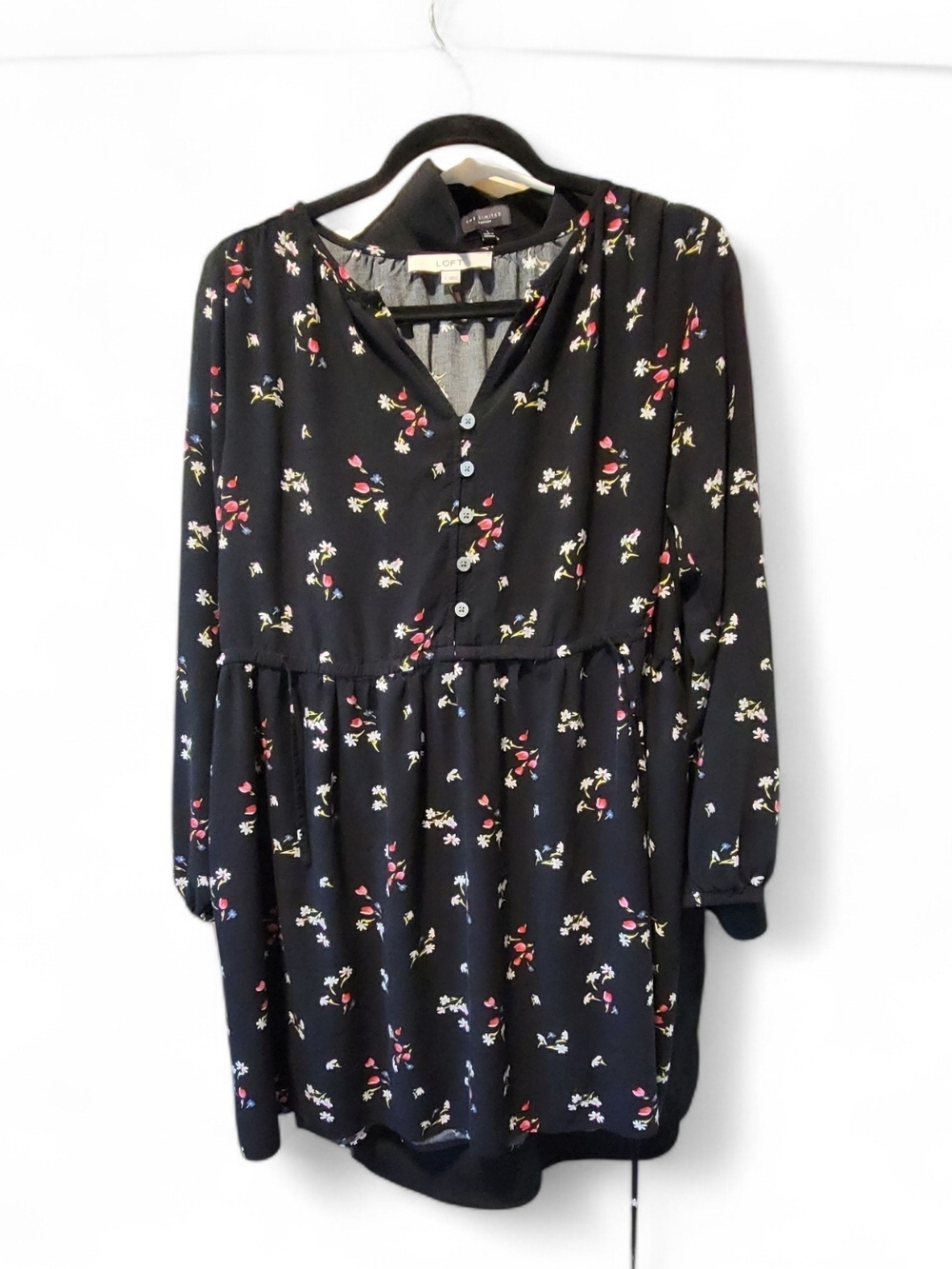 LOFT Floral Mini Dress Size Small | Black Long Sleeve Tie Waist - Picture 2 of 5